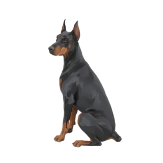 Un modèle 3D réaliste d'un Doberman noir et feu assis attentivement, vu de côté.