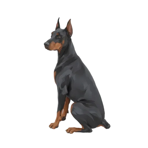 A realistic 3D model of a black and tan Doberman Pinscher dog sitting attentively, viewed from the side.