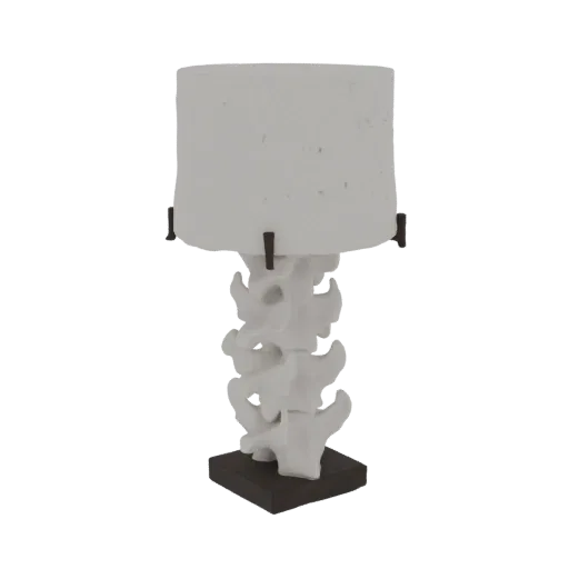 3D model of a desk lamp with a white vertebral column base and a white cylindrical lampshade, set against a white background.