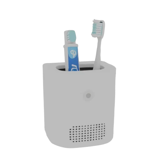 3D model of a white toothbrush and toothpaste holder with ventilation holes