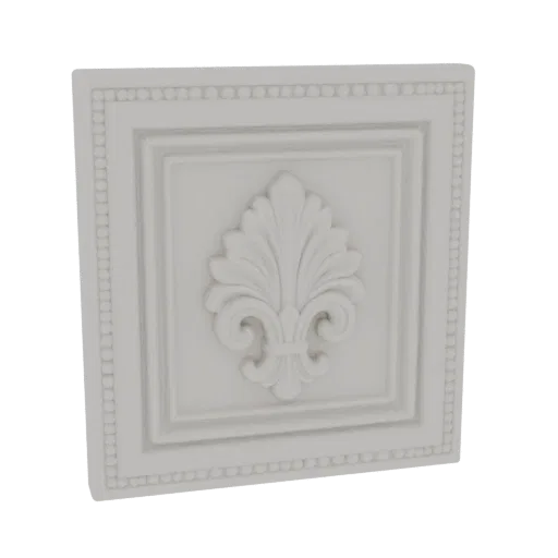 3D model of a white decorative square panel featuring a raised Fleur-de-lis emblem and beaded border.
