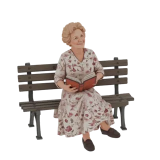 3D model of an elderly woman with blonde hair, wearing a floral dress, sitting on a wooden park bench and reading a book.