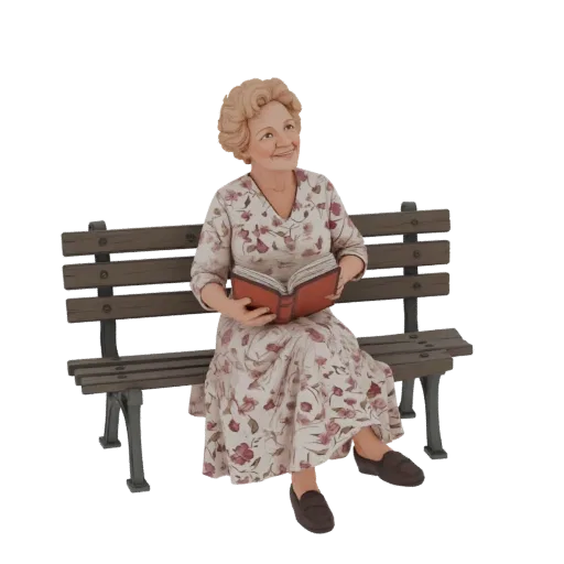 3D model of an elderly woman with blonde hair, wearing a floral dress, sitting on a wooden park bench and reading a book.