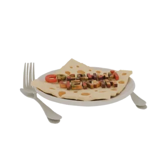 3D-Render einer russischen Blini mit Ton-Textur, belegt mit bunten, tonähnlichen Buchstaben, die ein Wort bilden.