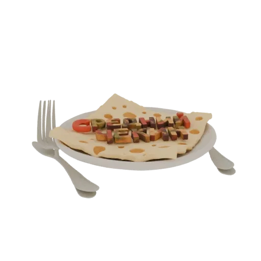 A 3D render of a Russian blini with a clay texture, topped with colorful, clay-like letters spelling out a word.