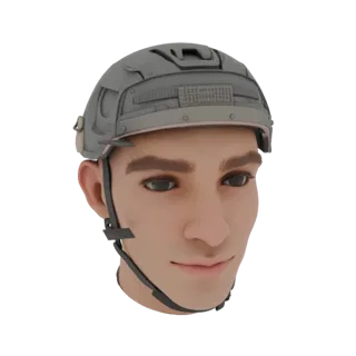 3D model of a male head in a gray tactical helmet, front view