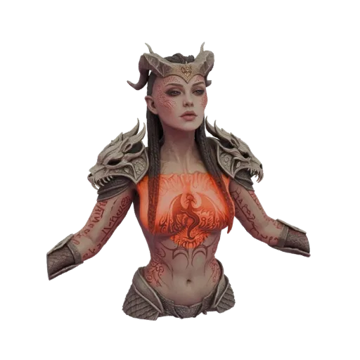Buste 3D d'une Reine Dragon féroce avec armure thème dragon, marques rouges lumineuses et couronne à cornes.