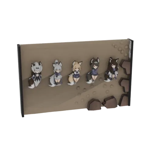 3D render of a diorama featuring five anime-style fox girls sitting on a sandy base with rocks.