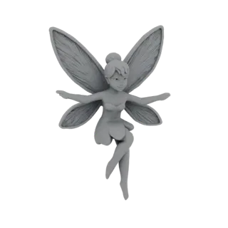 3D model of Tinkerbell the fairy sitting with wings spread, detailed sculpt, neutral grey material