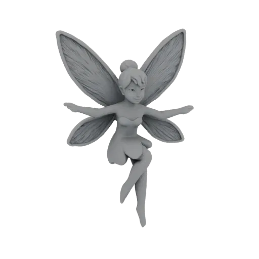 3D model of Tinkerbell the fairy sitting with wings spread, detailed sculpt, neutral grey material