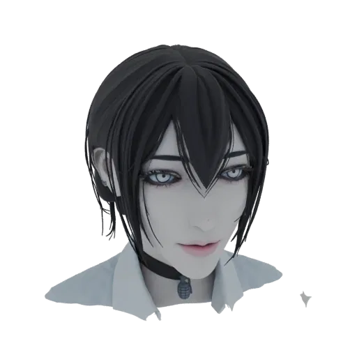 3D model of an anime girl with dark hair, pale skin, blue eyes, and a choker with a grenade pendant.