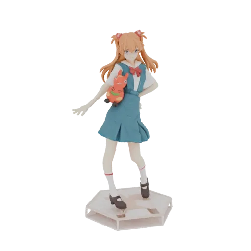 3D model of Asuka Langley Soryu in a blue school uniform, holding an orange plush toy, standing on a white hexagonal base.