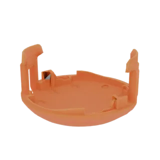 3D model of an orange plastic protective cap with two upright tabs and a visible latching mechanism.