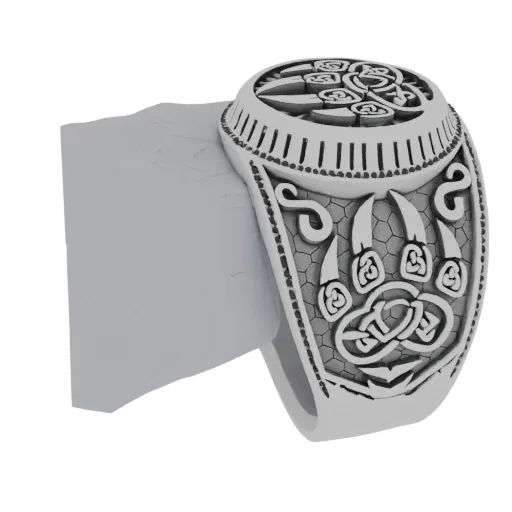 3D model of a silver-colored ring featuring a detailed bear claw with Celtic knot designs on the band.