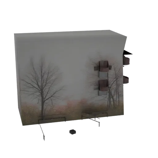 3D-Modell einer nebeligen Herbstpark-Szene mit kahlen Bäumen, Bänken und gefallenen Blättern, gerendert mit atmosphärischem N