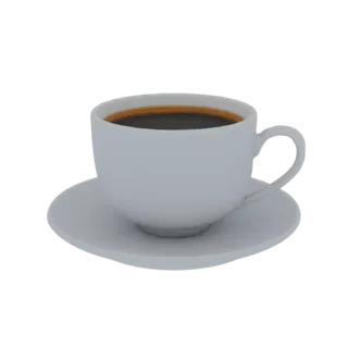 A 3D render of a white ceramic coffee cup filled with dark coffee, placed on a matching saucer, against a white background.