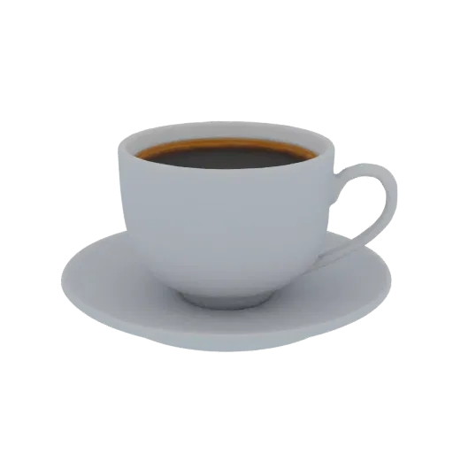 A 3D render of a white ceramic coffee cup filled with dark coffee, placed on a matching saucer, against a white background.