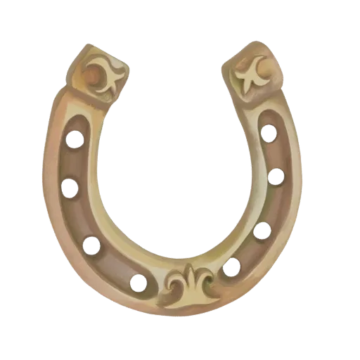 A 3D render of an ornate golden horseshoe with fleur-de-lis designs, set against a black background.