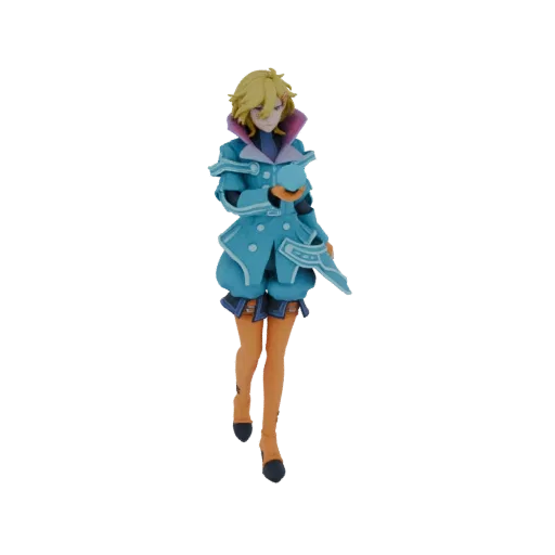 3D model of an anime girl with blonde hair, wearing a blue coat and holding a glowing blue orb.