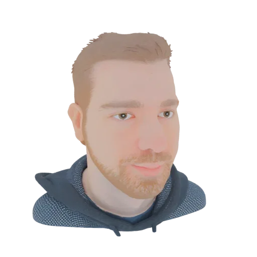 Stylized 3D model bust of a man with short brown hair, a beard, and wearing a dark blue hoodie.