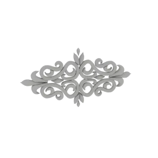 3D model of an ornate, symmetrical scrollwork decorative element with intricate curves and leaf accents, presented on a white