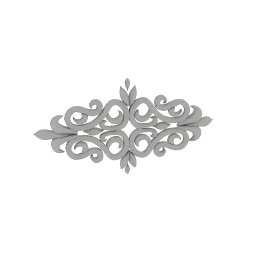 Modello 3D di un elemento decorativo simmetrico e ricco di volute, con curve intricate e accenti fogliacei, presentato su sfo
