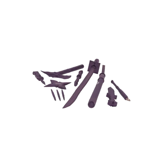 A collection of dark purple fantasy weapons, including a large sword, daggers, and throwing stars, arranged on a white backgr