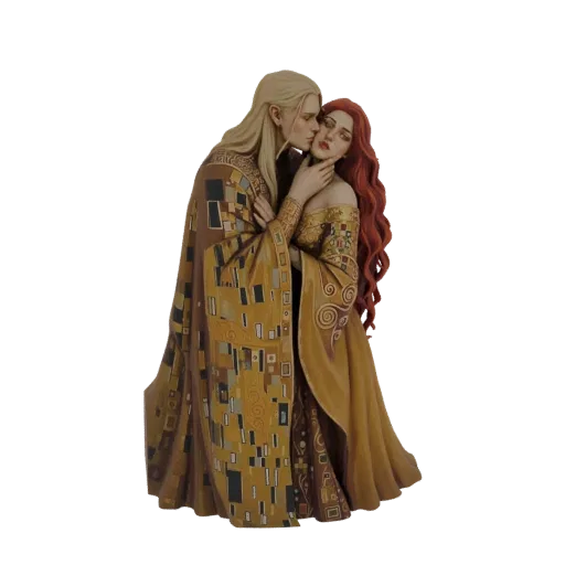 Modèle 3D d'un couple s'embrassant, inspiré du 'Baiser' de Klimt, avec des robes dorées ornées.