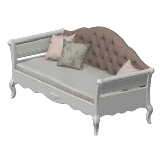 3D model of an ornate tufted daybed with a taupe button-tufted backrest, white frame, and decorative pink and floral pillows.