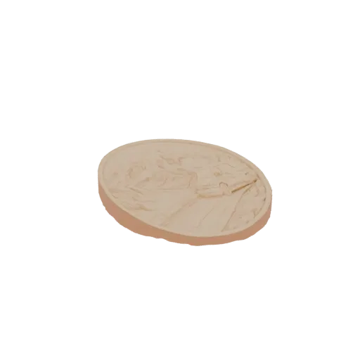 3D render of an oval embossed coin featuring a car driving through a landscape, with a warm metallic finish.