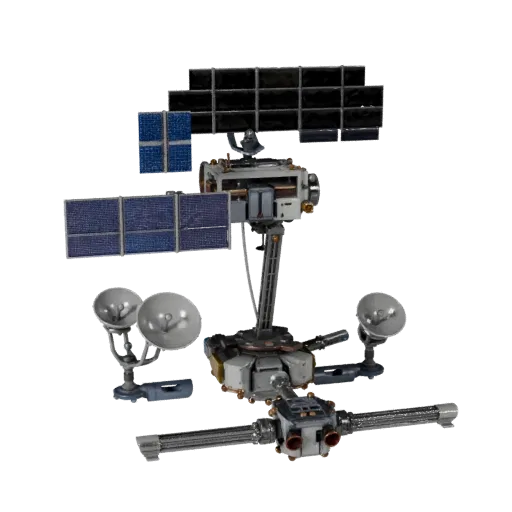 Communication Relay Station Modular 3D model, isometric modular kit view, showing solar panels, spacecraft silhouette.