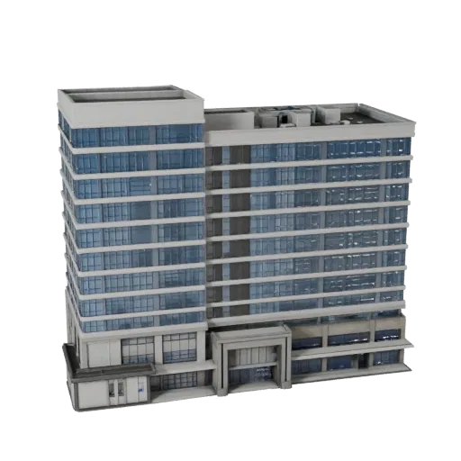 Modelo 3D realista de oficina de instituto de investigación, vista exterior a tres cuartos, mostrando materiales de edificio