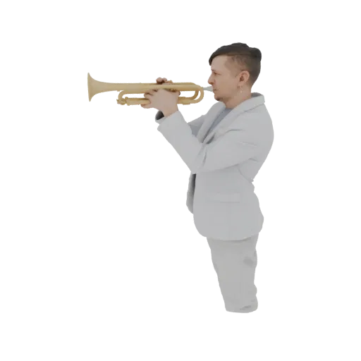 3D model of a man in a light-colored suit playing a golden trumpet, depicted from the side.