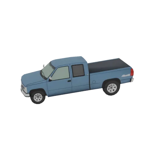 A 3D render of a blue 1990s extended cab pickup truck with a black tonneau cover, viewed from a three-quarter angle.