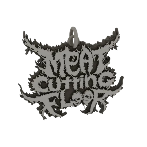 3D model render of the 'Meat Cutting Floor' logo designed as a pendant, featuring sharp edges and skull details.