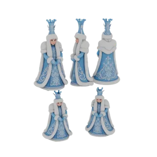 3D model of a Snow Maiden figurine wearing an ornate blue and white fur-trimmed robe and a tall crown, shown from multiple an