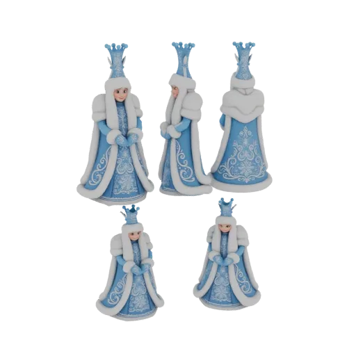 3D model of a Snow Maiden figurine wearing an ornate blue and white fur-trimmed robe and a tall crown, shown from multiple an