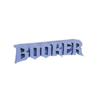 Ein 3D-Modell des Wortes 'BOOKER' in einer scharfen, gotischen Schriftart, dargestellt in Hellblau auf weißem Hintergrund.