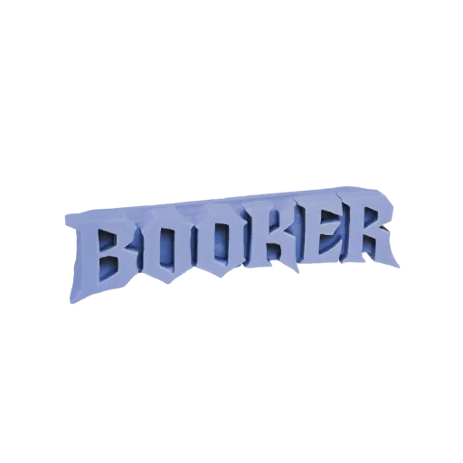 Un modello 3D della parola 'BOOKER' in un font nitido in stile gotico, renderizzato in colore blu chiaro su sfondo bianco.