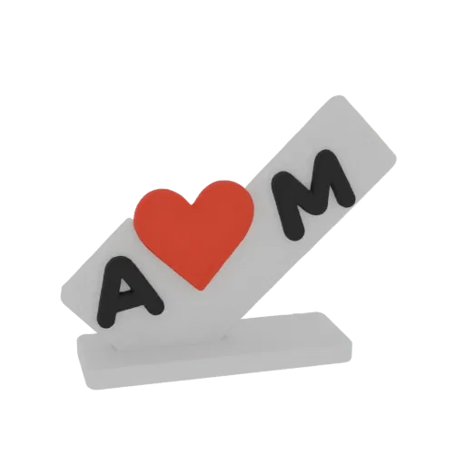 3D model of a white plaque with black letters 'A' and 'M' flanking a red heart, on a white base.
