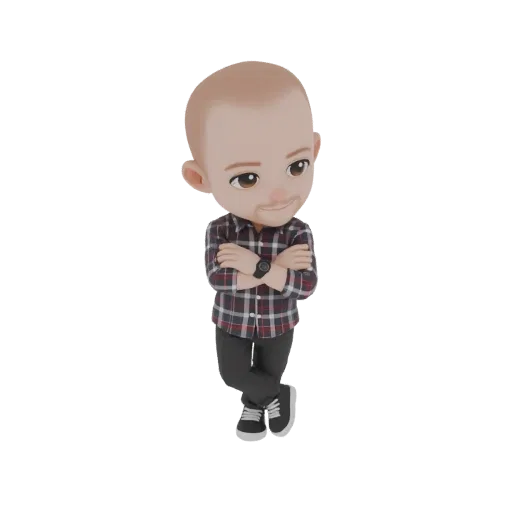 3D model of a bald man with a beard, wearing a plaid shirt and dark pants, arms crossed, with a slight smile.