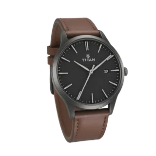 3D model of a Titan men's watch with a black dial, white markers, and a brown leather strap, displayed against a white backgr