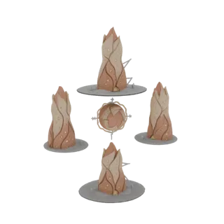 Rendu 3D de quatre spores alienígenas disposées en cercle autour d'un artefact alienígena central, avec des textures détaillé