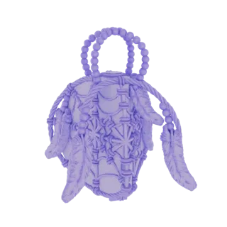 3D model of a purple boho dreamcatcher bag charm with macrame, beads, and feather details, isolated on a white background.
