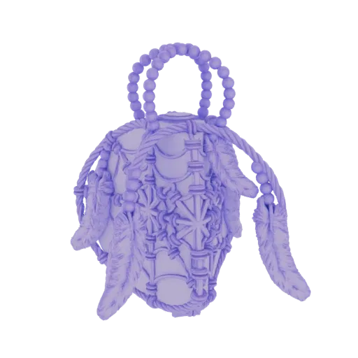 3D model of a purple boho dreamcatcher bag charm with macrame, beads, and feather details, isolated on a white background.