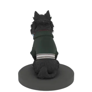 3D model of a black dog wearing a green sweater, viewed from the back, sitting on a grey circular base.