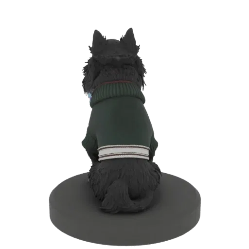 3D model of a black dog wearing a green sweater, viewed from the back, sitting on a grey circular base.