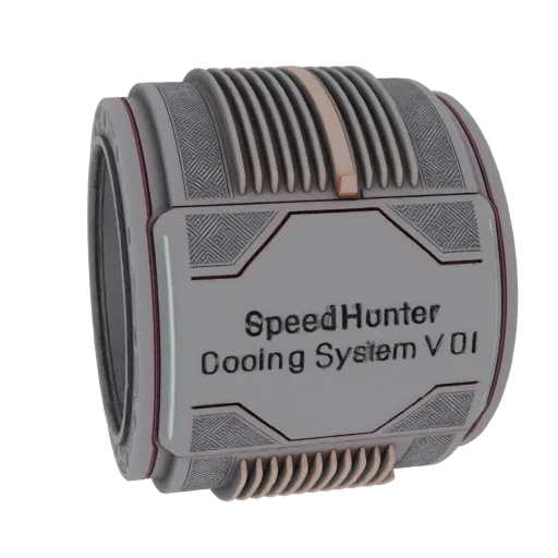3D model of the SpeedHunter Cooling System V01, a futuristic cylindrical device with ribbed cooling fins and a central inscri
