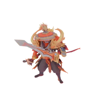 3D model of a fiery samurai warrior in dynamic pose, holding a katana, with flames accenting its armor and helmet.