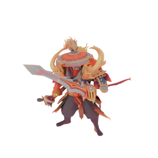 3D model of a fiery samurai warrior in dynamic pose, holding a katana, with flames accenting its armor and helmet.